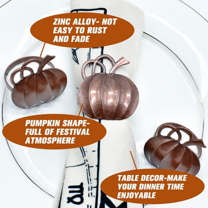 Halatool Set of 12 Thanksgiving Napkin Rings- Fall Harvest Pumpkin Napkin Holder, Alloy Dinner Tables Napkin Ring Decoration for Thanksgiving Halloween Weddings Holidays Gathering Party (Bronze)