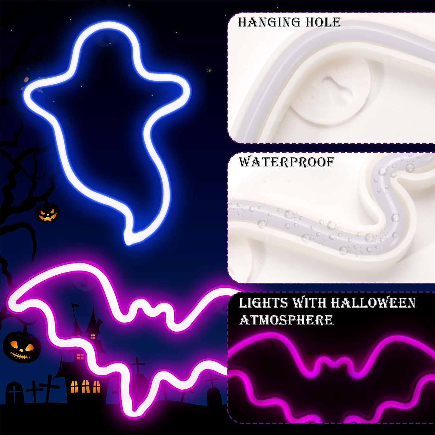 2 Pack Halloween Decoration LEDs Neon Sign Light Ghost Neon Sign Bat Lights Neon Signs Hanging Neon Signs for Halloween Party Decorations Indoor Home Window Decorations(Batteries Not Included)