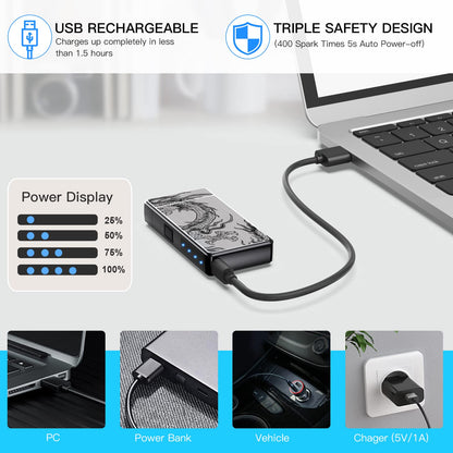 Electric Lighter, USB Rechargeable Plasma Arc Windproof Flameless Electronic Butane Free Mini Lighter for Candles, Fireworks, Outdoor Camping Activities (Black Dragon)