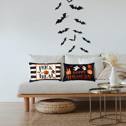 2 Pieces Happy Halloween Pillow Covers 12 x 20 Inch Ghost Jack-o'-Lantern Bat Cushion Cover Rectangular Halloween Throw Pillow Case Decoration for Bed Sofa Home