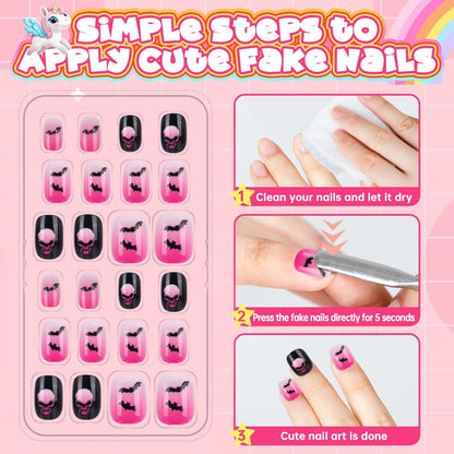 144 Pieces 6 Pack Kids Press on Nails Artificial Fake Nails for Kids Girls Pre Glue Full Cover Short Acrylic False Nail Tips Art Kits Gifts for Girls Nail Art Decoration (Halloween Pattern)