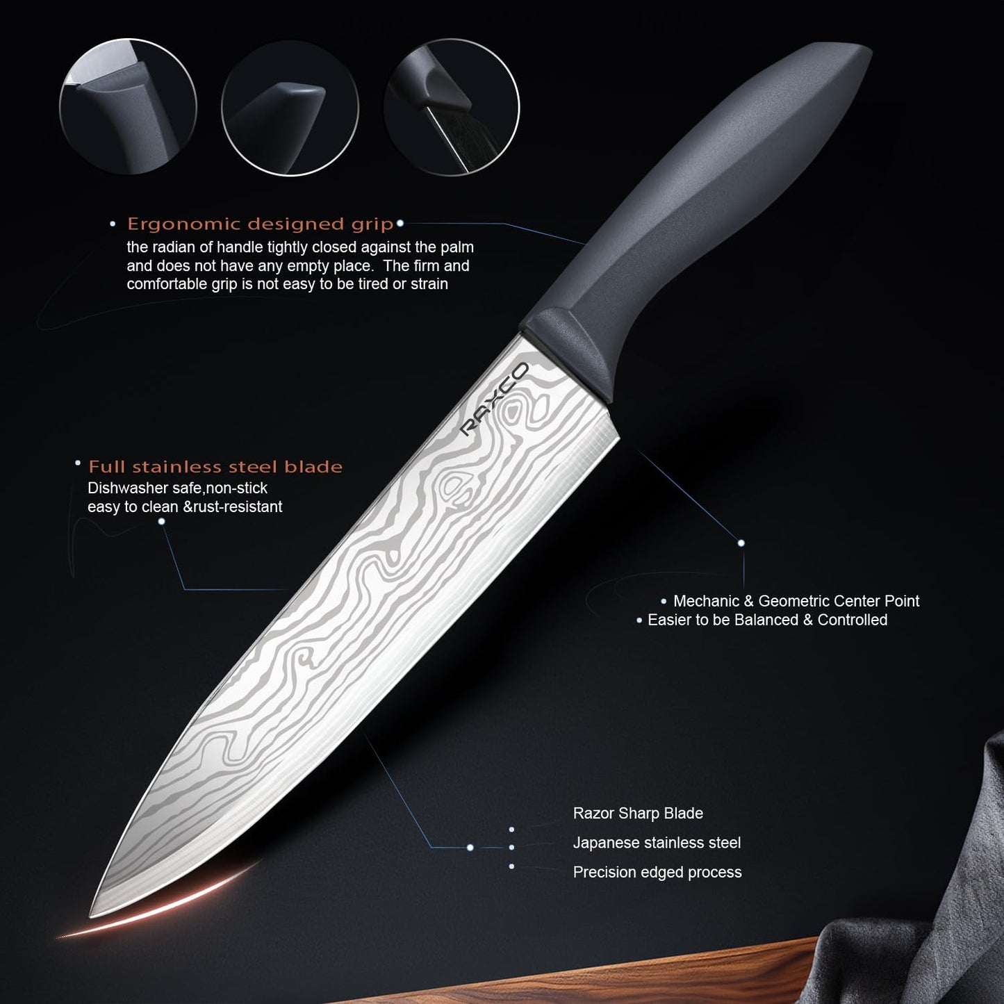 RAXCO Kitchen Utensils Set,18-Piece Cooking Tools and Sharp Knives,Stainless Steel Holder and Cutting Board