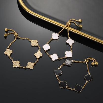 Dascus 18K Gold Plated Clover Lucky Bracelet for Women White/Black/Gold Flower Four Leaf Link Bracelets Trendy Jewelry Gifts for Women (Black)