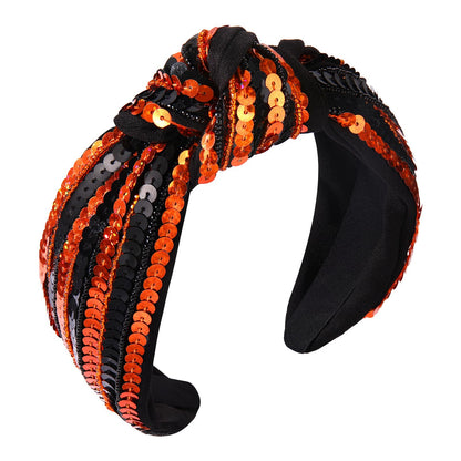 GLBCC Halloween Sequin Headband for Women - Orange Black Sequin Wide Top Knot Headband for Festive Hair Accessories & Cosplay Costume Party Favors
