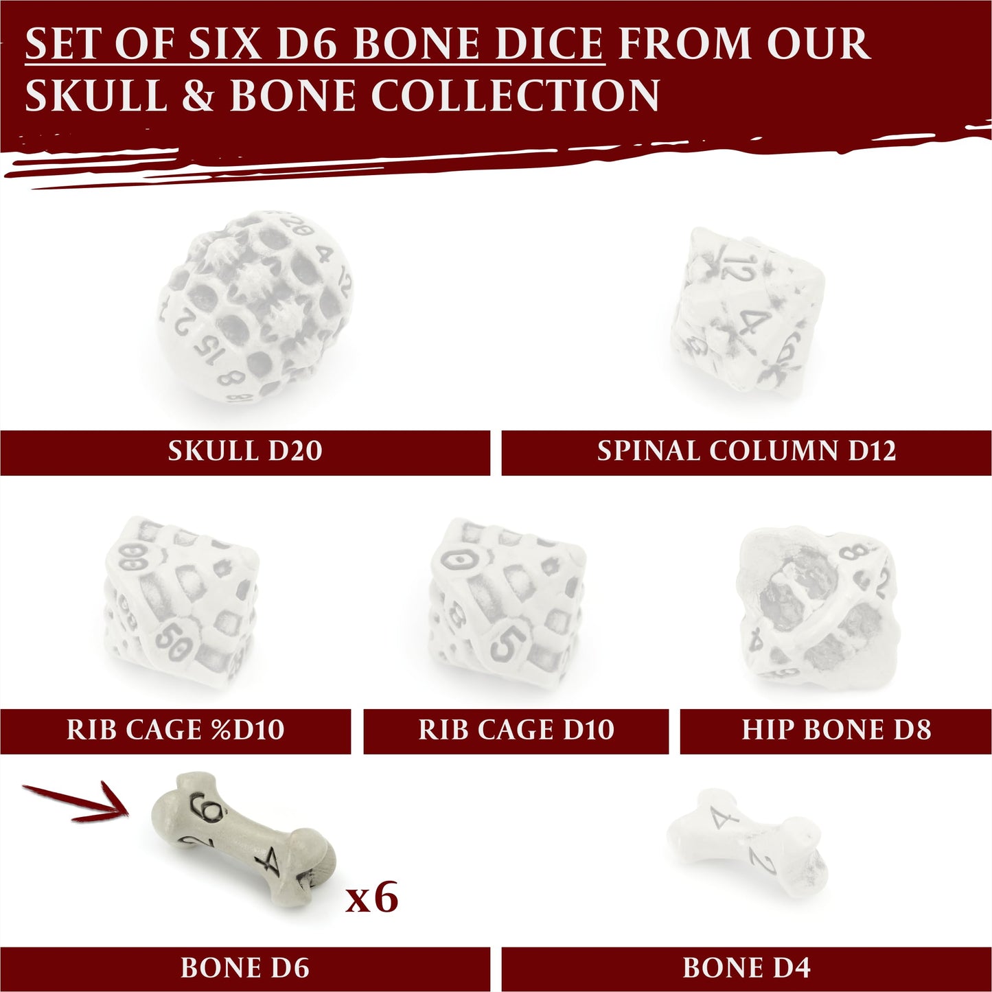 D6 Dice Set - Set of Six 6 Sided Dice - Skull & Bone Themed RPG Dice. Cool & Unique Gift and Compatible with Dungeons & Dragons (DND), D&D, Pathfinder, D and D. (Cleaned Bone White)