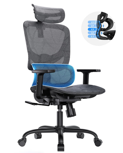 HUANUO Ergonomic Mesh Office Chair with 5-Level Lumbar Support, Computer Chair with Adjustable Headrest & Armrests, Rocking Tilt, Comfortable High Back Desk Chair for Home Office or Gaming
