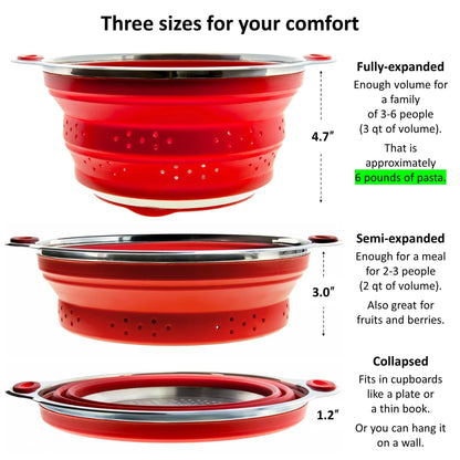 Collapsible Colander and Funnel - Stainless Steel Meets Red Silicone. RV Accessories for Inside, Camper Organization and Storage Idea, Motorhome, Camp or Travel Trailer, 5th Wheel, Boat, Small Kitchen