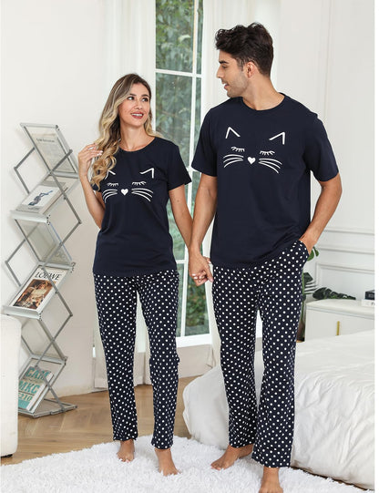 EISHOPEER Women's Pajama Set Cat Print Tops and Polka Dot Pants Nightgown Pjs Sets Navy Blue M