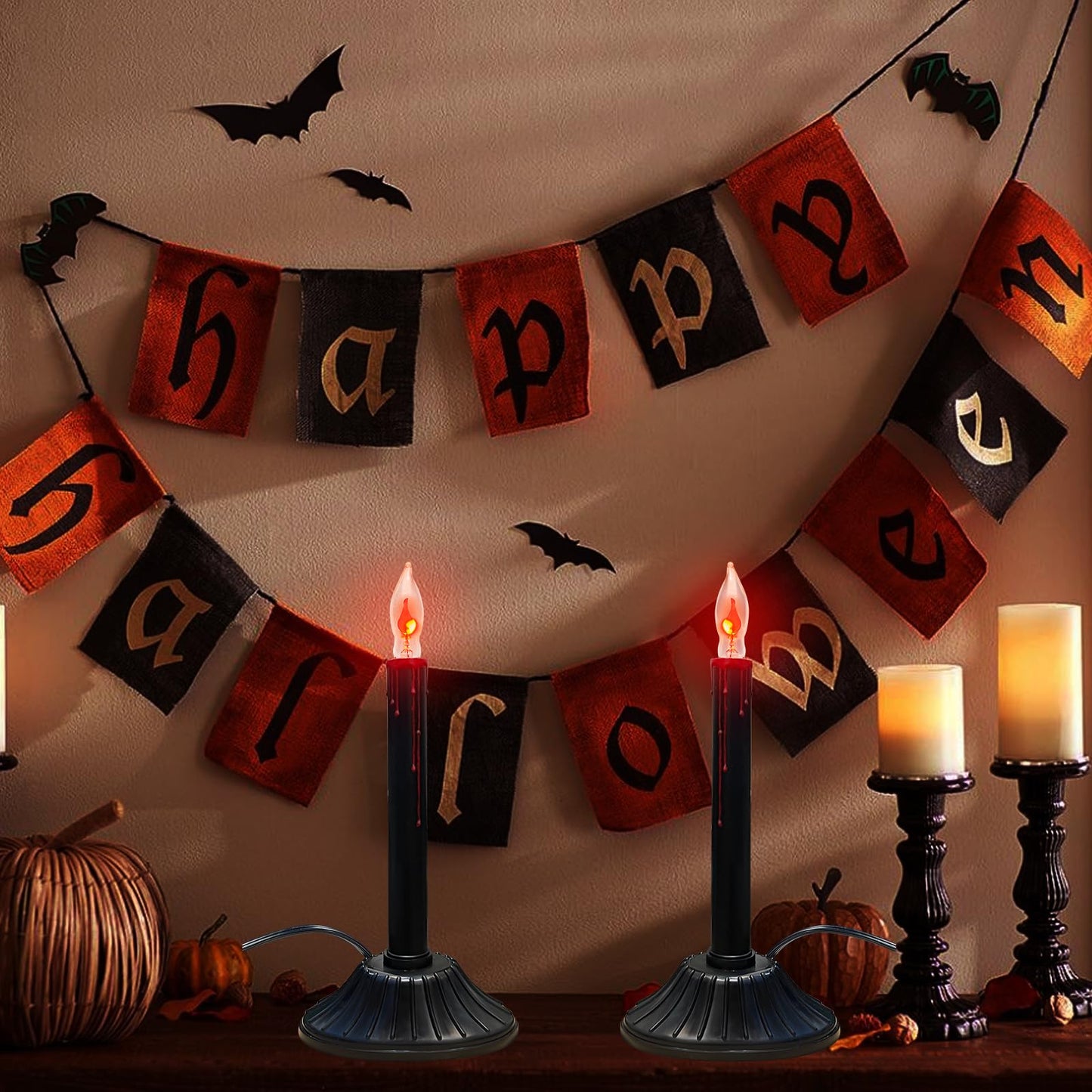 2 Pack Halloween Electric Window Candles, Black Halloween Decorations Candle Lights with 4 C18 Flicker Flame Bulbs, Plug in Electric Candles Flickering for Window Table Home Centerpiece Holiday