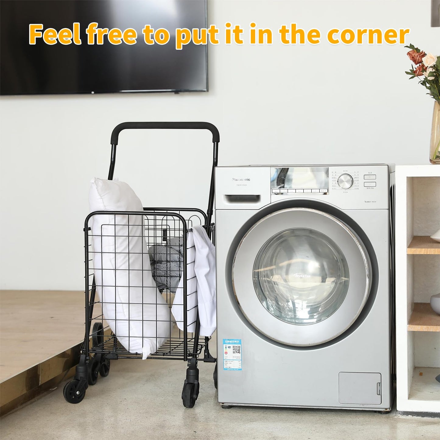 Kiffler Grocery Shopping Cart with 360° Rolling Swivel Wheels Stair Climber Utility Cart Easily Collapsible Cart with Tri-Wheels, 66lb Extended Foam Cover, Trolley for Stair, Laundry, Travel (Black)