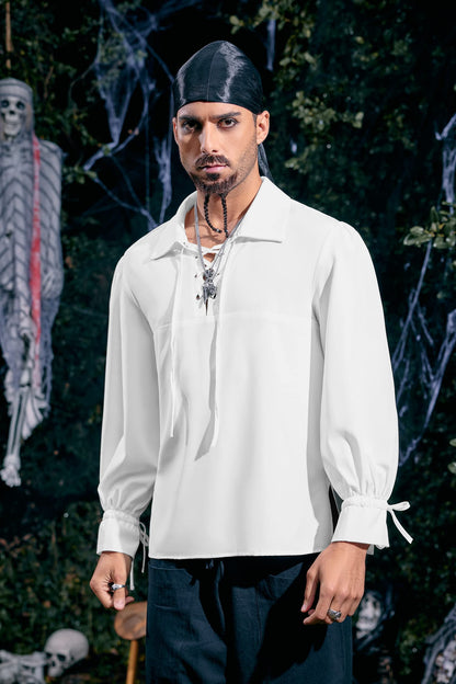 Mens Medieval Pirate Shirt Viking Renaissance Lace up Halloween Mercenary Scottish Jacobite Ghillie Tops (Small, 01 White)