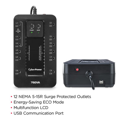 CyberPower EC750G Ecologic Battery Backup & Surge Protector UPS System, 750VA/450W, 12 Outlets, ECO Mode, Compact Uninterruptible Power Supply, Black