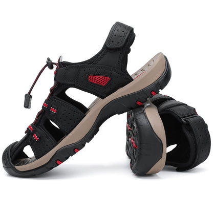 FLARUT Men's Sport Sandals Outdoor Hiking Sandals Closed Toe Leather Athletic Lightweight Trail Walking Casual Sandals Water Shoes (C-Black,43)