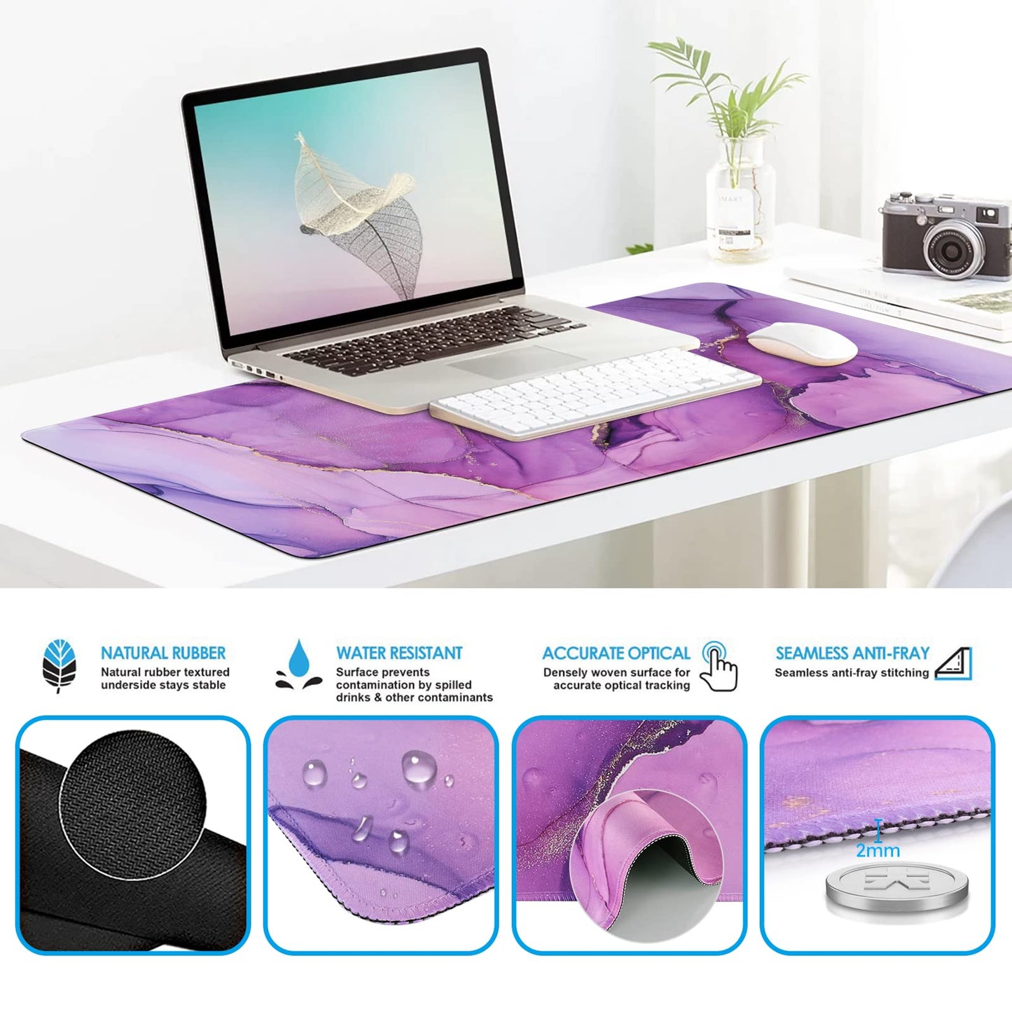 iCasso Purple Ergonomic Gaming Mouse Pad with Wrist Support, 4in1 XXL Large Desk Mat - Keyboard Wrist Rest + Mouse Wrist Rest + Coaster, Marble Style Desk Pad Mousepad