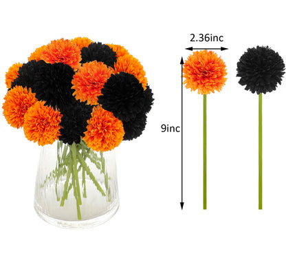 Kimura's Cabin 20Pcs Faux Mums Flowers Fake Chrysanthemum Artificial Silk Ball Flowers for Halloween Garden Home Kitchen Table DIY Decoration Center Fall Bouquets (Orange Black)