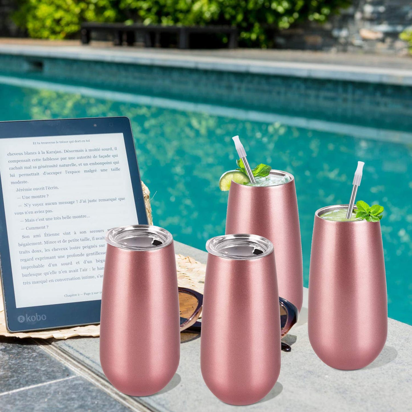4 Pack Stemless Double Insulated Champagne Flute Tumbler with Lid, 6 Oz Unbreakable Reusable Cocktail Champagne Toasting Glasses, Great Gift for Friends Family Christmas Birthday, Rose Gold