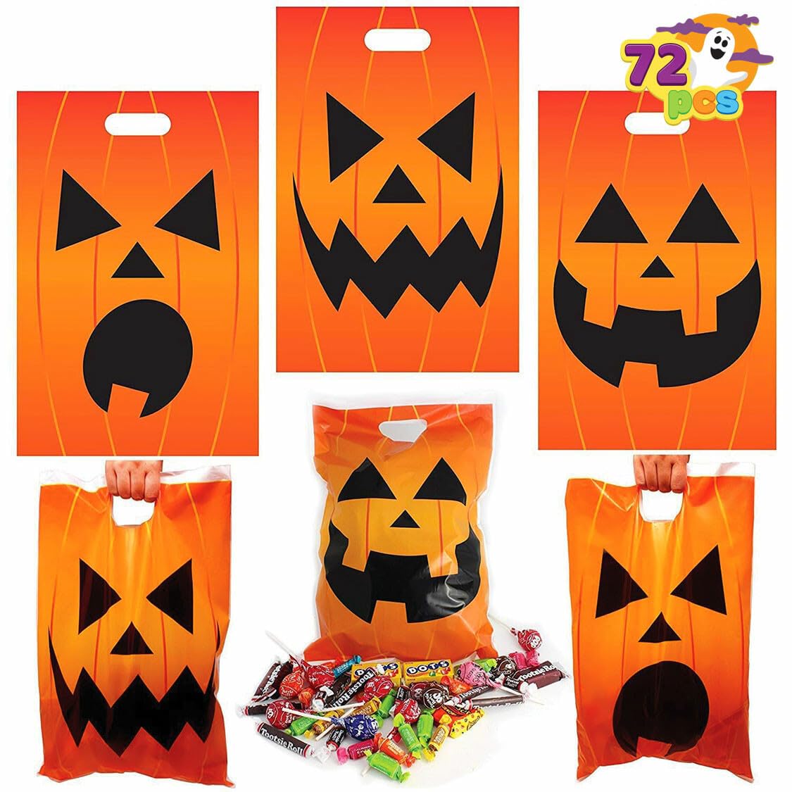 JOYIN 72 Pcs Halloween Goodie Bag, Pumpkin Plastic Candy Bags for Kids trick or treating, Halloween Jack o' Lantern Trick or Treat Bags for Snacks Party Favors, Treats Party Supplies