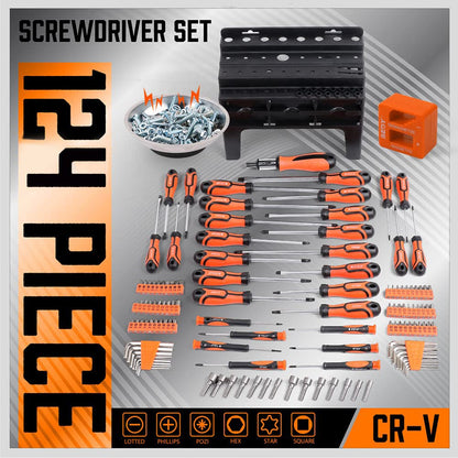 124-Piece Magnetic Screwdriver Set with Plastic Racking, Precision Screwdrivers, Magnetizer, Demagnetizer, Allen Keys, Nut Drivers, Ratchet Handles, Sockets & More - DIY Tools for Men, Tools Gift