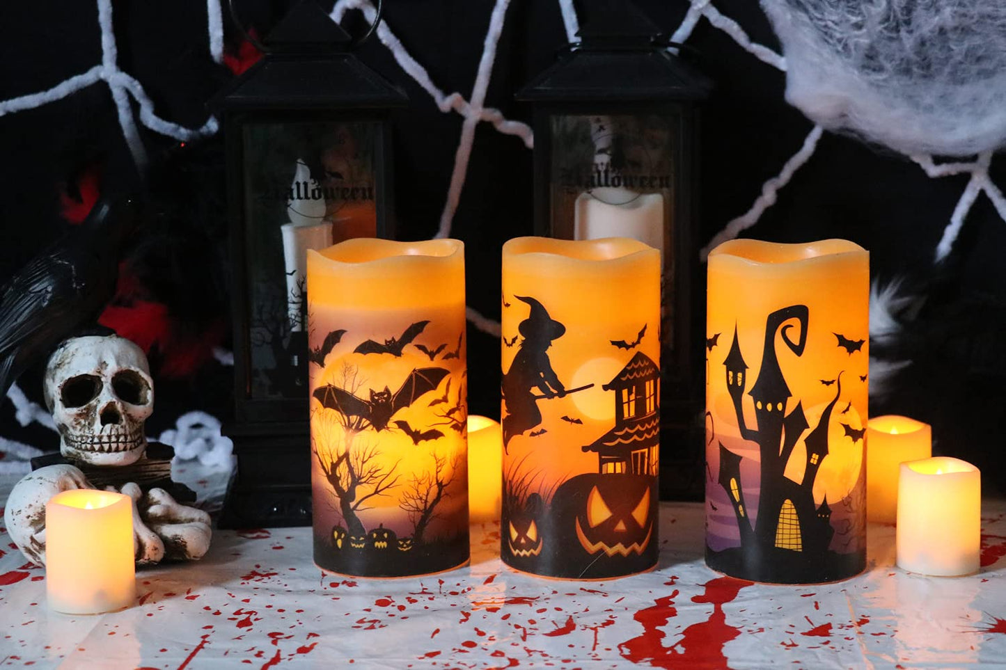 DRomance Flameless Candles Battery Operated with 6 Hour Timer, Halloween Decals Real Wax LED Flickering Pillar Candles Set of 3 Indoor Halloween Window Table Decor(3 x 6 Inches)