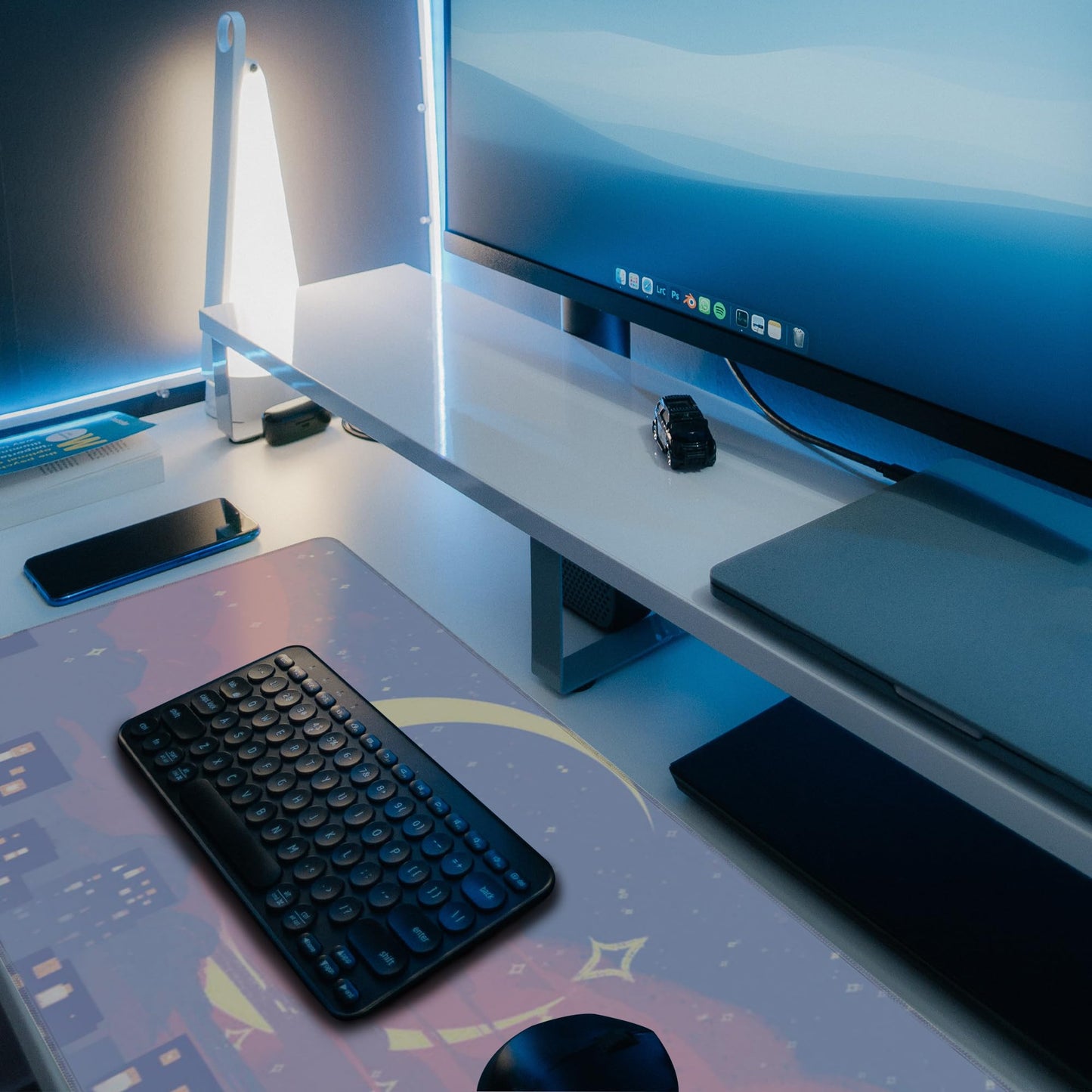 Desk Mat, Anime Moon City Night Scene Extended Gaming Mouse Pad Large, 35.4"x15.7" Big Mouse Pad with Non-Slip Base and Stitched Edge, Long Computer Keyboard Mouse Mat for Home Office Work