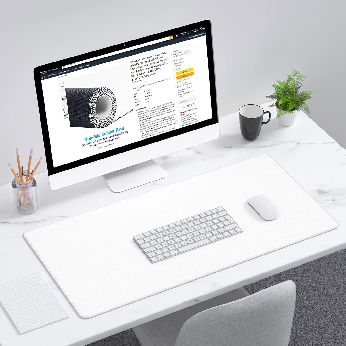 Dapesuom Large Gaming Mouse Pad, Extended Mouse Mat with Stitched Edges, Full Size Keyboard Pad with Non-Slip Base, Big XXL Computer Desk Mats for Gamer, Laptop, Office, 31.5 x 15.7in, Ivory White