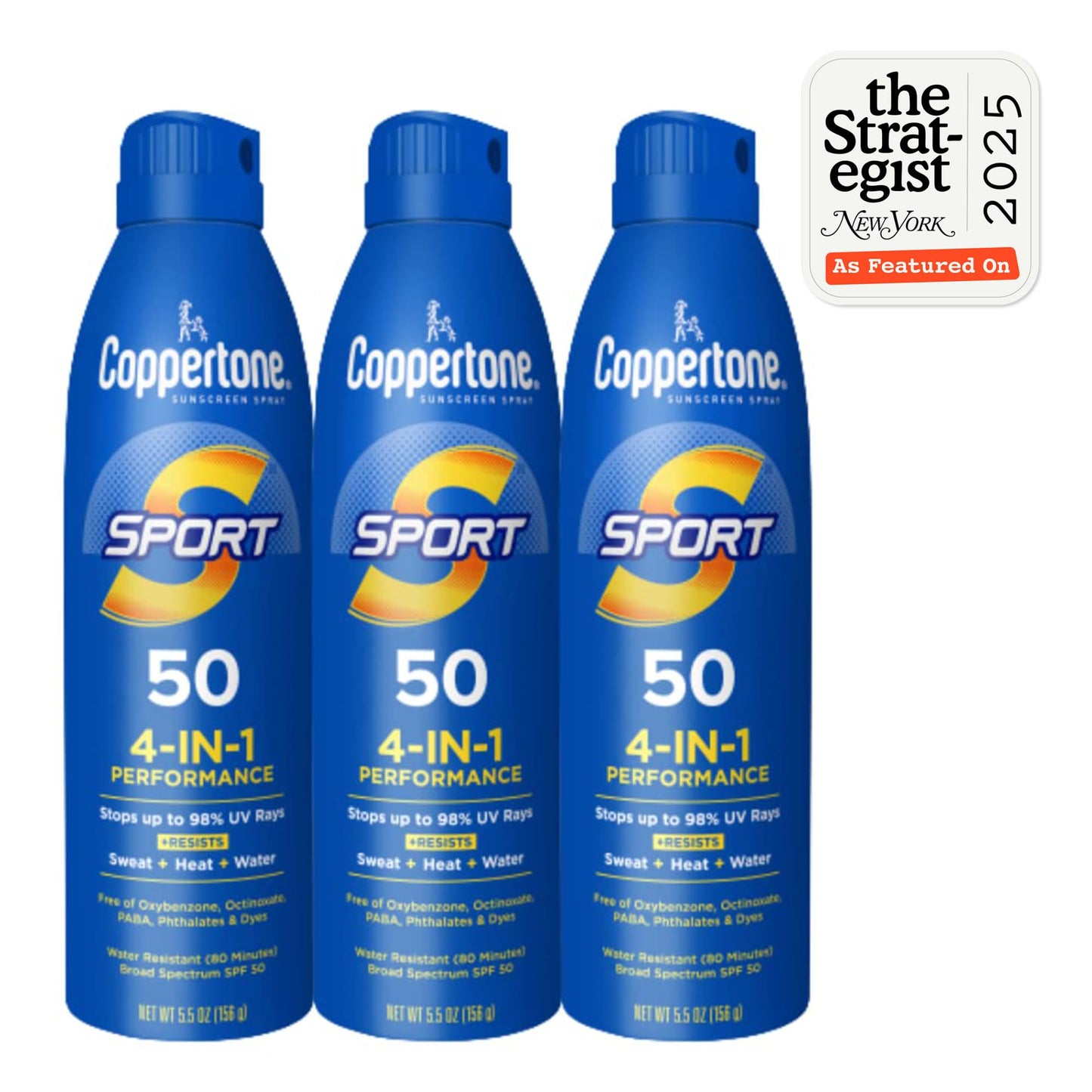 Coppertone Sport Sunscreen Spray SPF 50, Sweat, Heat and Water Resistant Sunblock, Lightweight, Oxybenzone Free, Spray Sunscreen Bulk Pack, 5.5 Oz Bottle, Pack of 3 (Packaging May Vary)