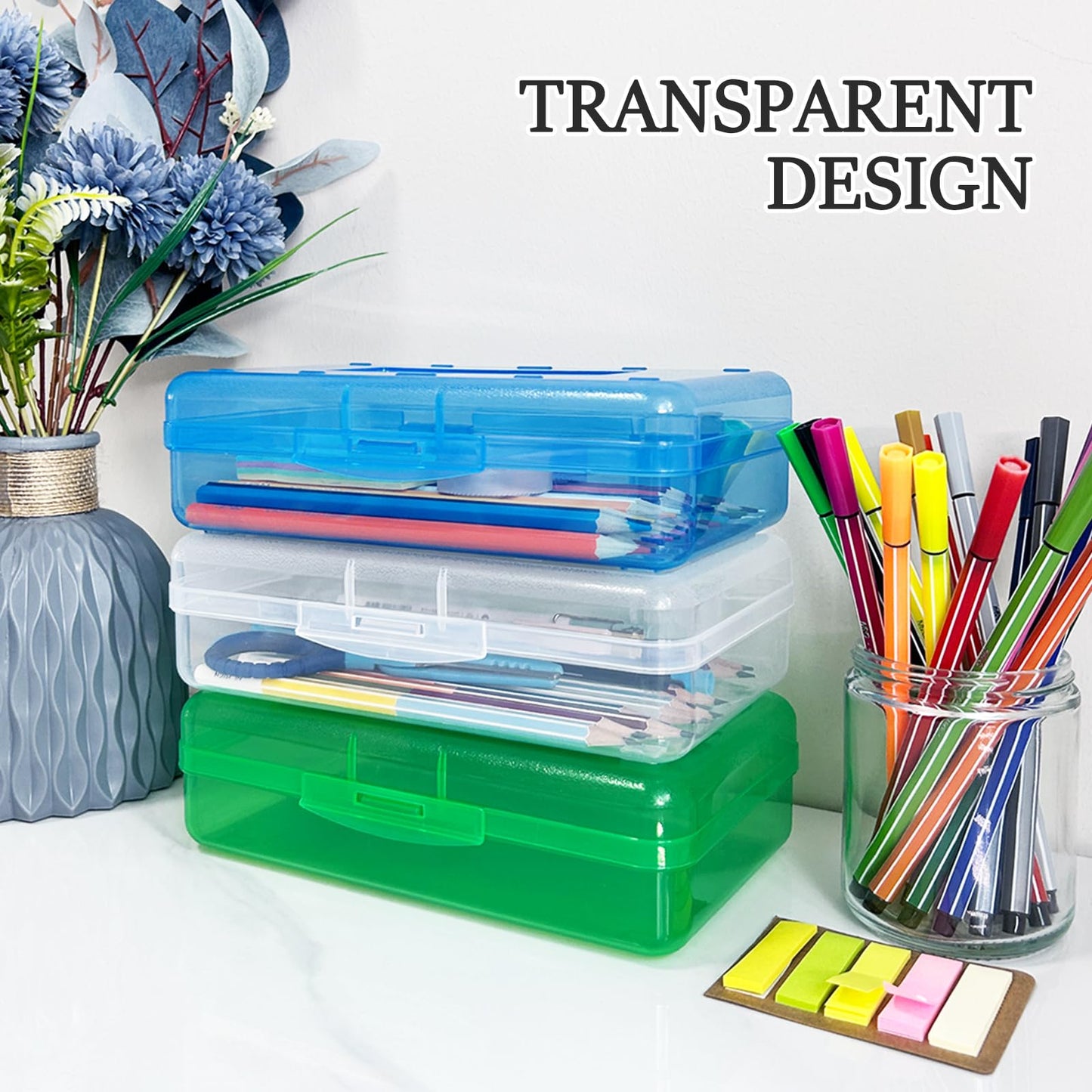 Nuozme Plastic Translucent Pencil Box for Kids, Adult, Student, Large Capacity Pencil Cases with Snap-Tight Lid for Pens, Pencils, School Supplies,Office Supplies,1 Pack (Blue)