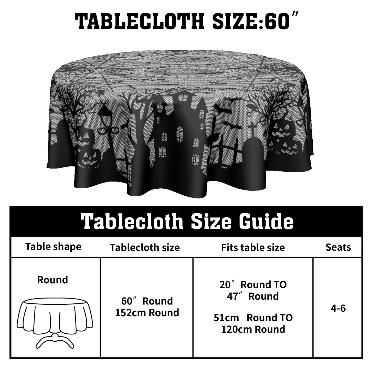 Kawani Halloween Round Tablecloth 60 Inch Spooky Pumpkins Castle Bats Spider Web Table Cloth Black Gray Halloween Holiday Polyester Table Cover for Kitchen Dining Room Indoor Outdoor Home Decor