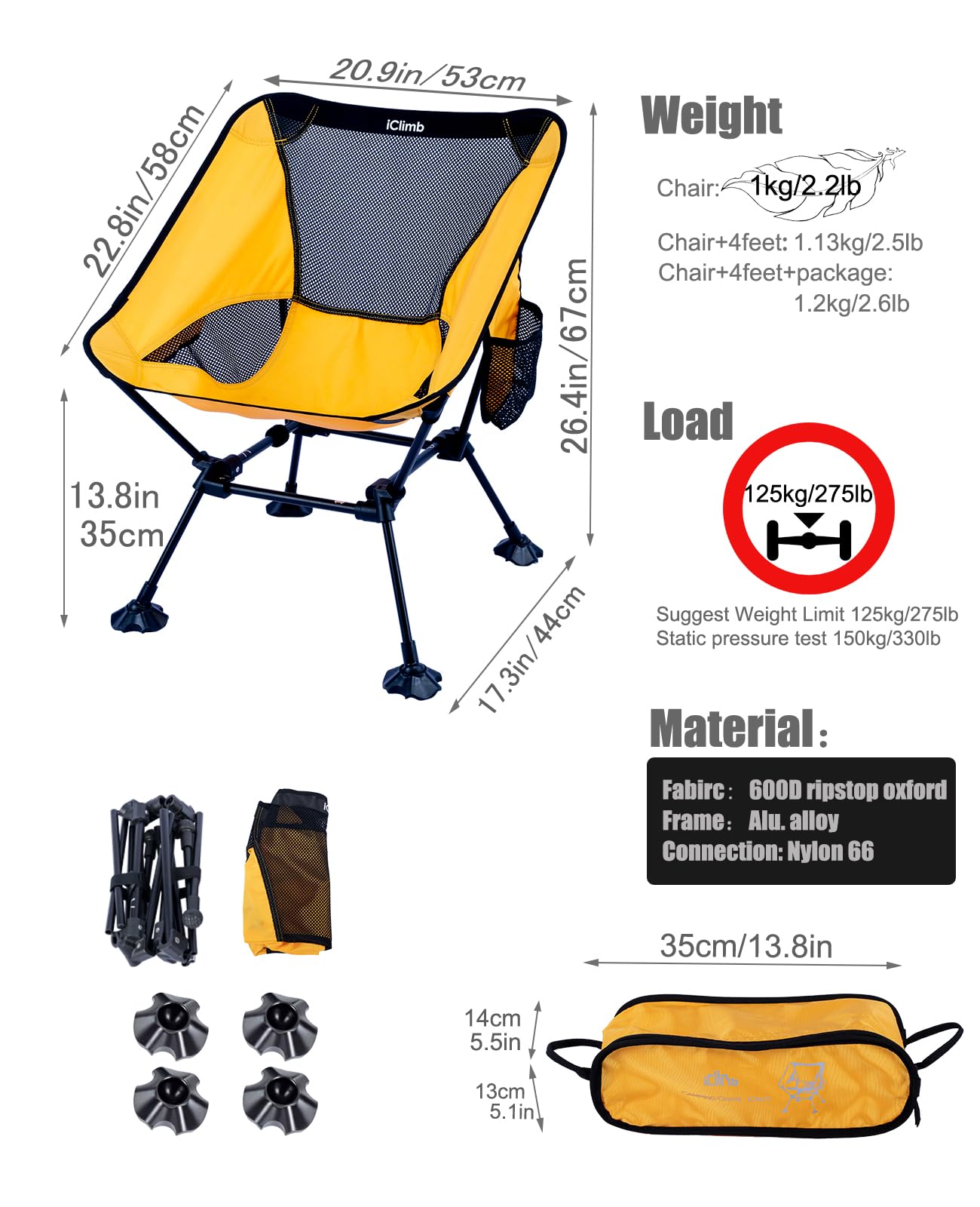 iClimb Ultralight Compact Camping Folding Beach Chair with Anti-Sinking Large Feet and Back Support Webbing (Yellow - Square Frame)