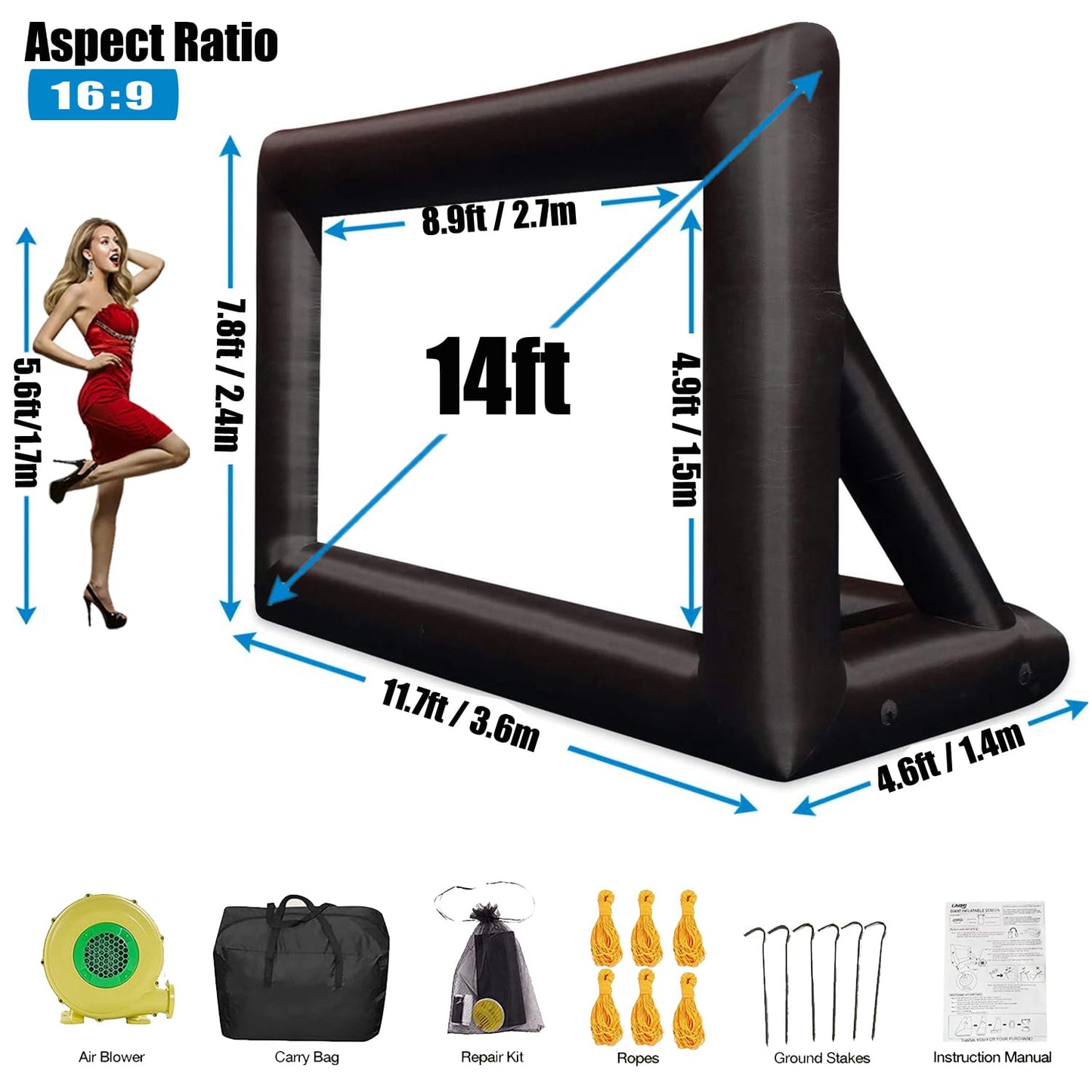 Inflatable Projector Screen - Outdoor Movie Screen Blow Up for Movie Parties Backyard Outside with Air Blower and Carry Bag, Front and Rear Projection (14FT with Blower)