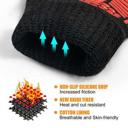 FITFIV BBQ Gloves, Oven Gloves, Extreme Heat Resistant Barbecue Gloves, Silicone Non-Slip Oven Mitts, Kitchen Gloves for Cooking, Grilling, and Baking (Red)