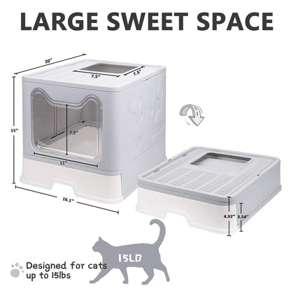 Foldable Cat Litter Box with Lid, Enclosed Potty, Large Top Entry Anti-Splashing Toilet, Easy to Clean Including Litter Scoop and 2-in-1 Cleaning Brush (Grey)