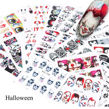 Halloween Nail Stickers - 24 Sheets Day of The Dead Water Transfer Nail Decals Ghost Spider Face Web Witch Skeleton Nail Art Stickers Wraps Manicure Tips Strips Decoration for Halloween Party Supply