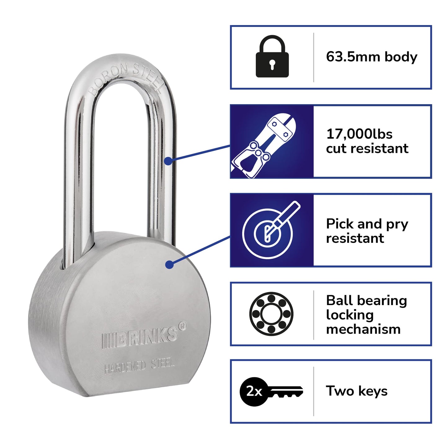 BRINKS Heavy Duty Padlock with Key, 64 mm Commercial Solid Steel with Boron Shackle for Secure Entry, Keyed Padlocks