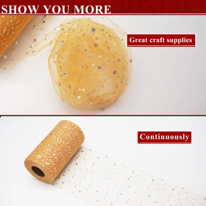 Glitter Tulle Rolls 6 Inch by 50 Yards Sparkling Tulle Fabric Sequin Ribbon Spool with Bow for Christmas Gift Wrapping DIY Tutu Table Skirt Halloween Decorations (Antique Gold)