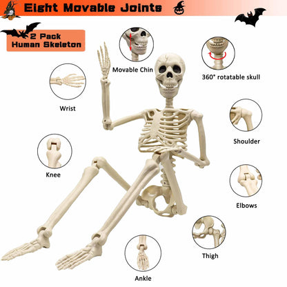 2 Pack 36"Halloween Skeleton - 3 ft Life Size Human Skeleton with Full Body Posable Joints Plastic Skeleton for Halloween Skeletons Decor Yard Patio Lawn Garden Skeleton Props Spooky Party Decoration