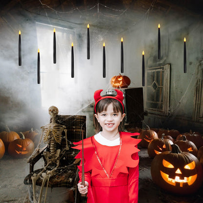 Leejec 10 Pcs of 10.8" Floating Candles, Magic Wand Remote with 6/18H Timer, Halloween Decorations, Hanging Flameless Taper Candles, Flickering Warm White LED, Home Decor, Witch Wizard Gift (Black)