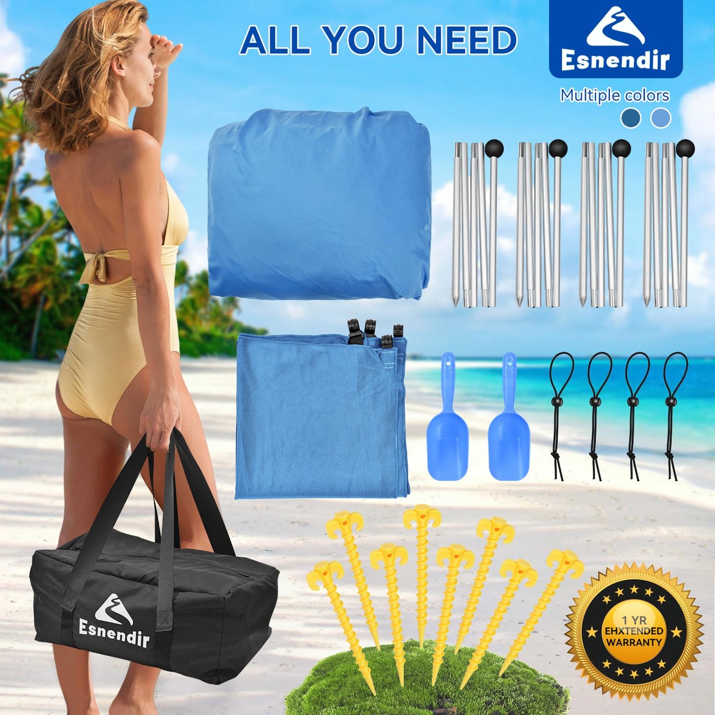 Large Beach Canopy UPF80+ Uv Protection Beach Tents Sun Shelter, Beach Shade Canopy with 8 Sandbags, 4 Stability Poles, Sand Shovel Ground Pegs for Outdoor Camping, Picnics (10x10ft, Sky Blue)