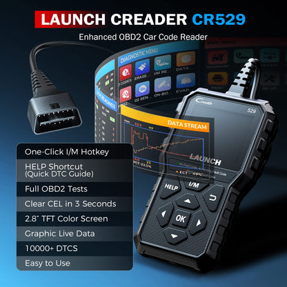 LAUNCH CR529 OBD2 Scanner Diagnostic Tool, Full OBD2 Scanner for Car, Free Lifetime Upd. Check-Egine-Light Code Reader, 5 Years. Backup, Clear Codes, One Click I/M, for DIYers with Cars After 1996