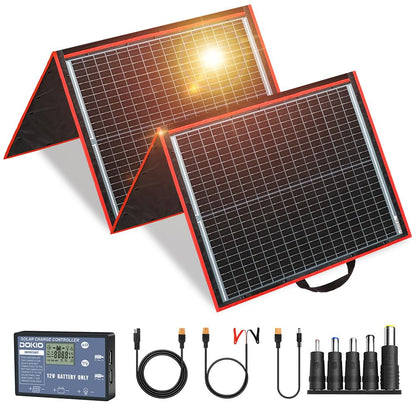 DOKIO 150W Portable Foldable Solar Panel Kit, Compact 21x19in Design 7lb with Standalone Controller and USB, Monocrystalline Charger for 12V Batteries, Power Stations, RV Camping Emergency Use