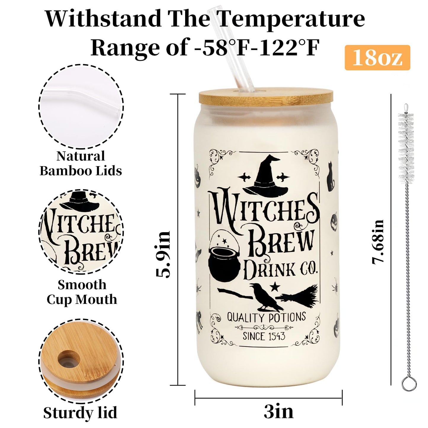 Joyseller Halloween Glass Cup, 18oz Frosted Witch Iced Coffee Can Cup Tumbler with Lid and Straw, Witch Tumbler Beer Can Glass, Halloween Gifts Decorations