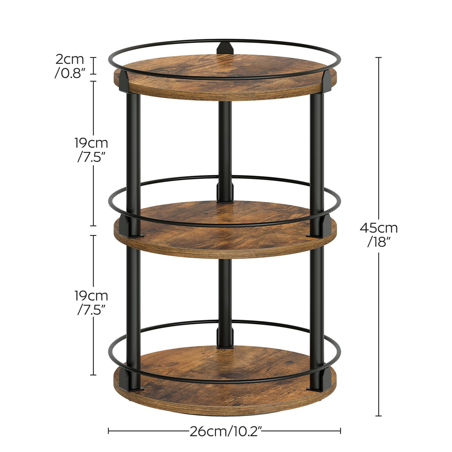 3-Tier Lazy Susan Organizer, Rotating Spice Rack, Spinning Organizer, Industrial Turntable Spice Rack Organizer for Cabinet, Kitchen Countertop, Pantry, Rustic Brown and Black SR23BR
