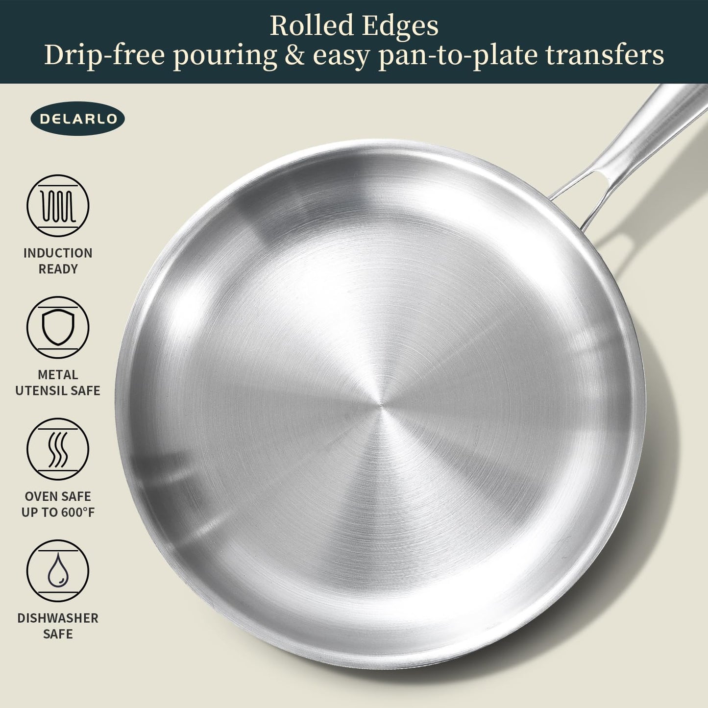 DELARLO Whole Body Tri-Ply Stainless Steel Frying Pan set, 8”/10”/12” Cooking pans, Kitchen Cookware Set, Fast Heating Chef's pan with Ergonomic Handles, Suitable for All Stove
