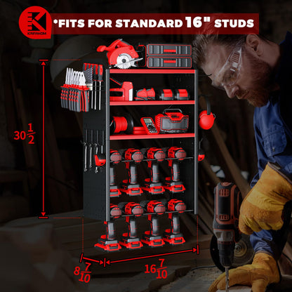 KAFAHOM Power Tool Organizer, Large 8 Drill Holder Wall Mount with 2 Side Pegboards,5 Layer Heavy Duty Metal Tool Storage Rack, Tool Shelf for Garage Organization, Utility Battery Shelves - Red