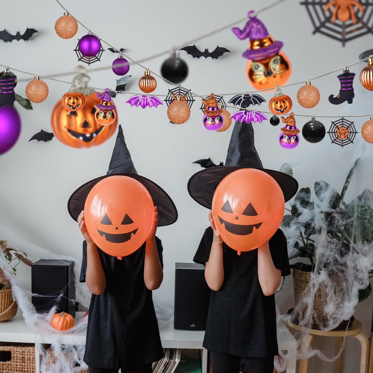 56pcs Halloween Hanging Ornaments for Tree Decorations, Shatterproof Plastic Hanging Halloween Ball Pendants with Pumpkin, Witches Hat Signs, Halloween Tree Decor Party, Holiday, Home (Multi New)