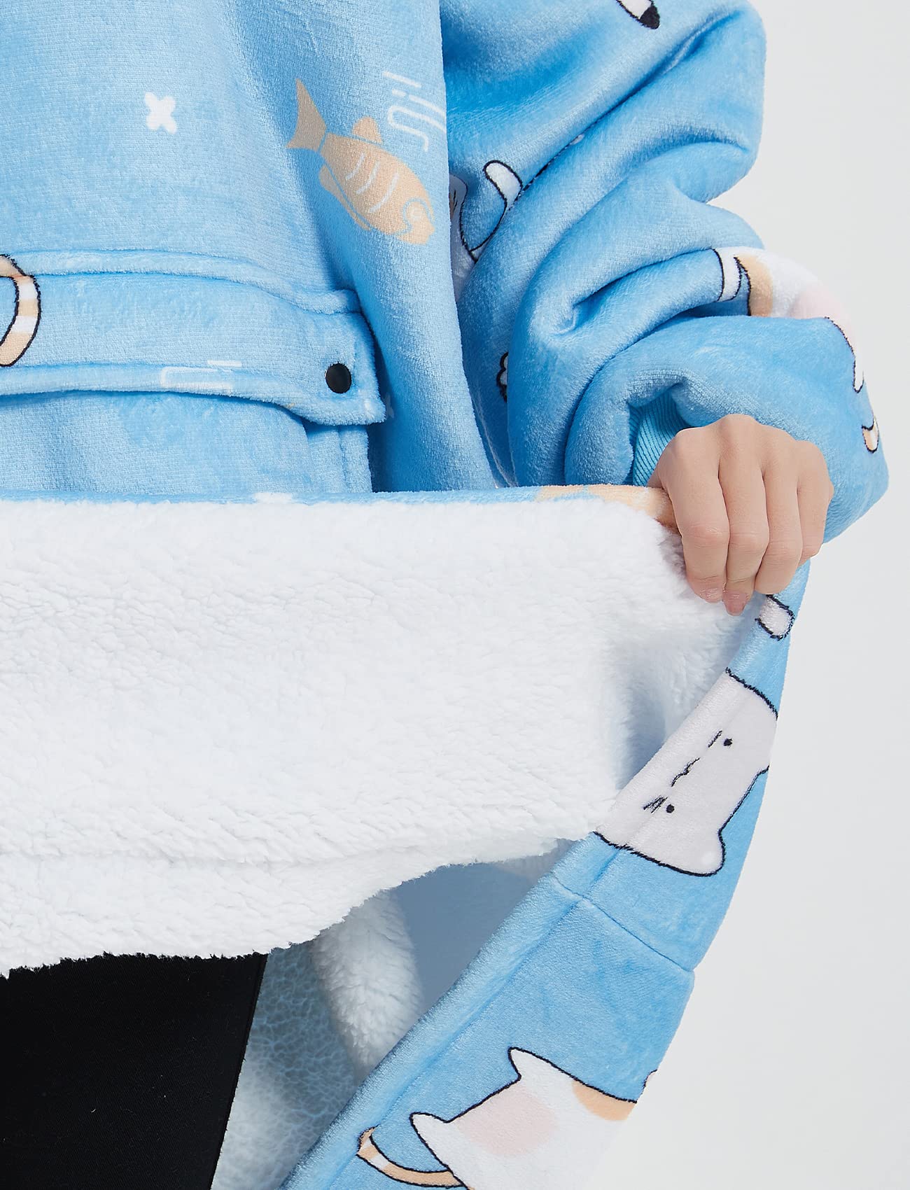 KFUBUO Wearable Blanket Hoodie for Adults Sherpa All Patterns Blue Cat Oversized Sweatshirt Blanket with Pockets Cute Gifts for Women