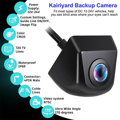 Kairiyard Backup Camera, HD Reverse Rear View Camera 170° Wide View Angel Waterproof Back up Camera Systems for Cars Trucks Pickup SUVs RVs Vans