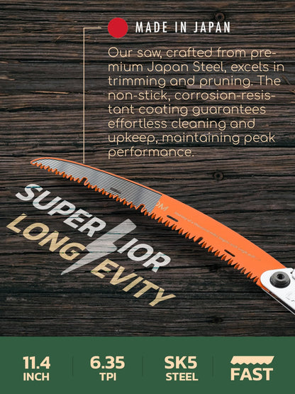LAGOM Folding Camp Saw for Cutting Branches, 11.4" Curved Blade | SK5 Steel, Ergonomic Handle, One-Hand Use, Secure Lock | Foldable Pruning Tool for Camping, Gardening, Survival, Kayaking, Outdoors
