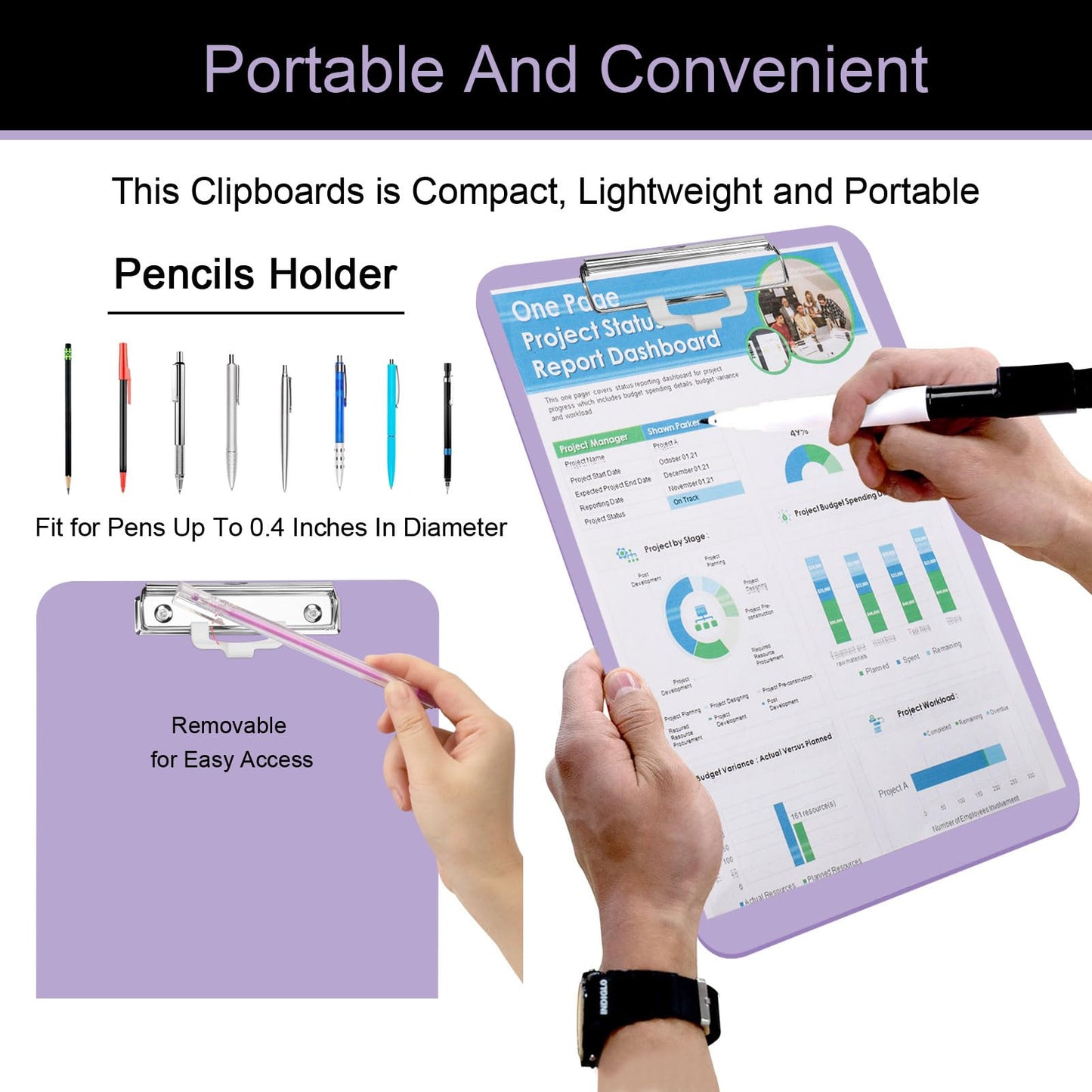 1 PCS A4 Clipboards,Plastic Clipboard with Pen Holder,Clip Boards 8.5x11 with Low Profile Clip,Cute Hanging Clipboard for School Office Supplies Clipboards for Kids,Portable ClipBoard for Nurse-Purple