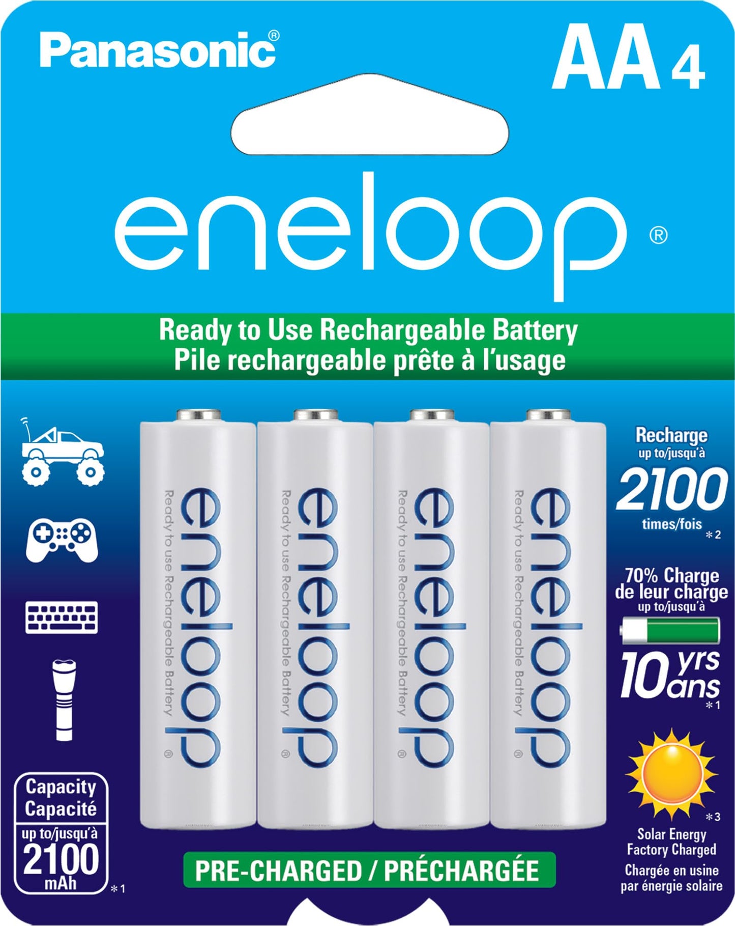 Eneloop Panasonic BK-3MCCA4BA AA 2100 Cycle Ni-MH Pre-Charged Rechargeable Batteries, 4-Battery Pack